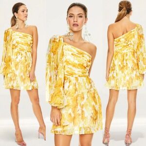 La Maison Talulah Sunshine Pleated Mini Dress M Yellow One‎ Shoulder Cocktail